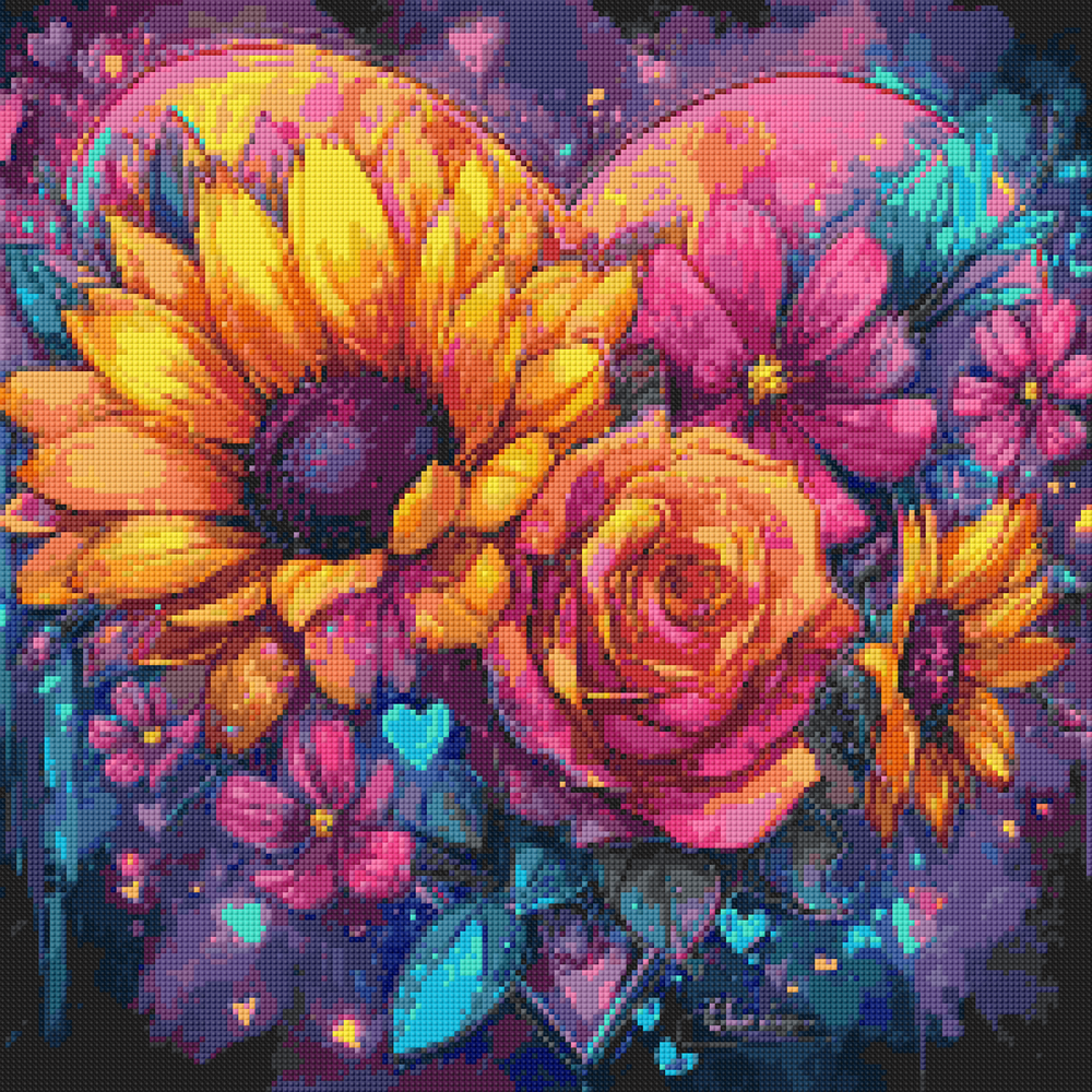 50x50cm Sparkling Heart diamond painting kit—sunflowers and roses bloom inside a vibrant heart shape. Square resin drills and soft canvas for bold floral DIY decor.