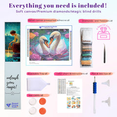 Complete diamond painting kit featuring two swans in love, includes printed canvas, resin drills, pen, tray, wax, and accessories—great for gifts.