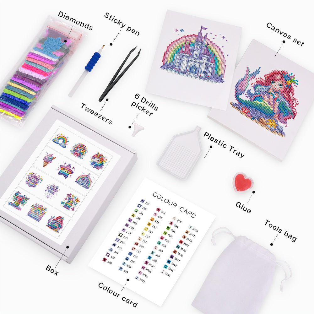 Close-up of tools and accessories in the unicorn mini diamond painting kit, highlighting beginner-friendly design and all-in-one convenience.