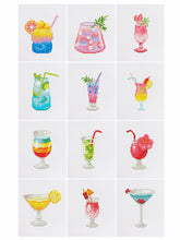 9 mini tropical cocktail-themed diamond painting canvases including mojito, pina colada, and fruity drinks.