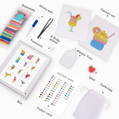 Flat lay of Tropical Sips diamond painting kit with all tools and colorful cocktail designs included.
