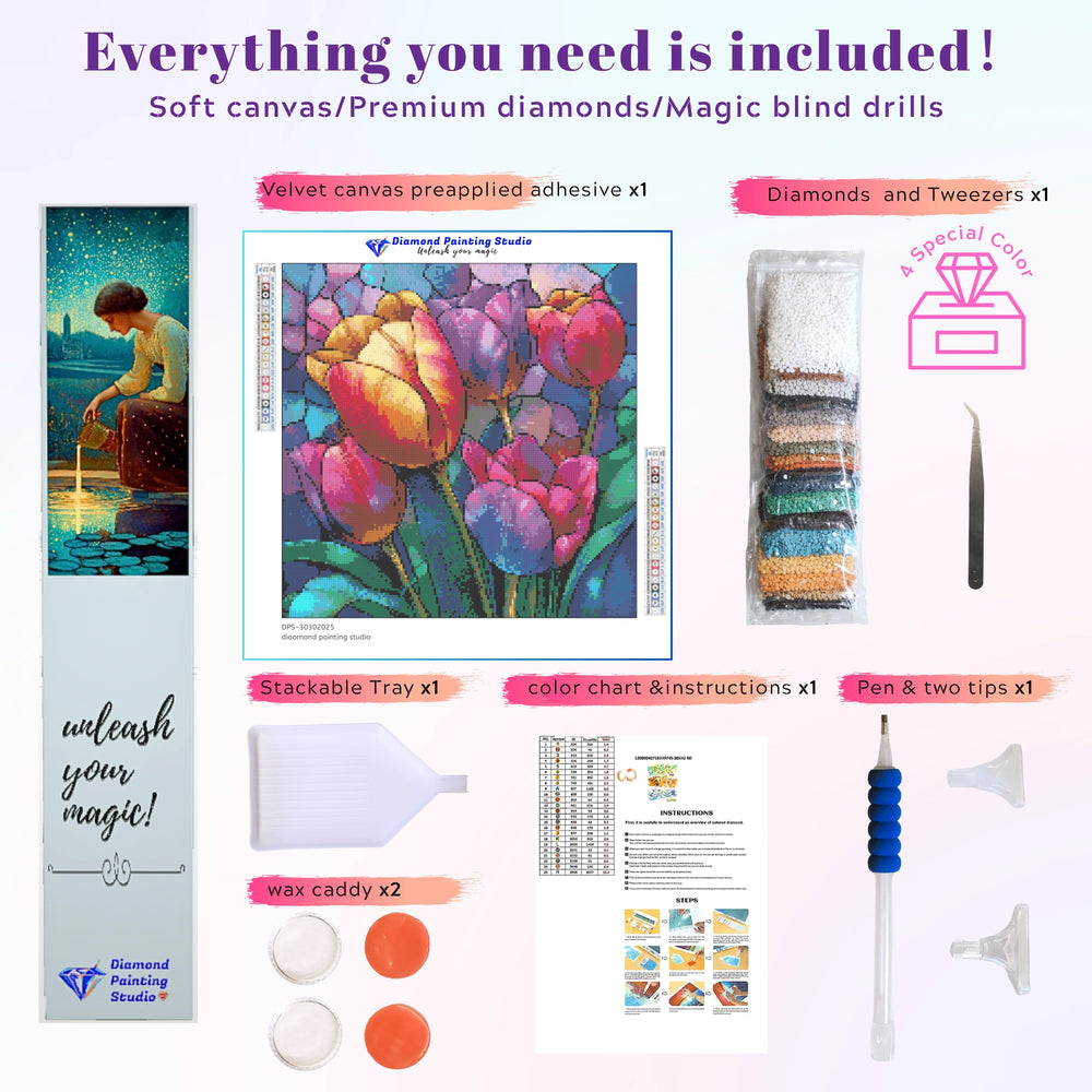 Diamond painting kit contents displayed, including tulip canvas, resin drills, pen tool, tray, wax, and instruction sheet—ideal for beginners and pros
