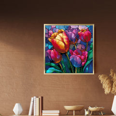 Framed tulip diamond painting displayed in a modern living room, showcasing its vibrant colors as floral wall art for home decor.