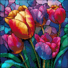 Preview of tulip diamond painting with square resin drills, size 40x40cm—bright floral design ideal for handmade décor and creative stress relief.