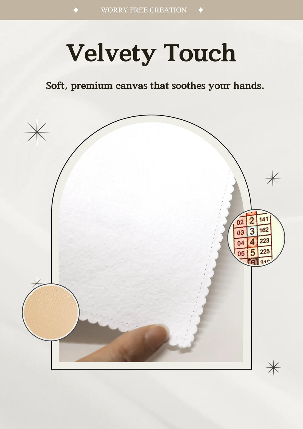 Hand touching ultra-soft velvet canvas used in diamond painting kits, highlighting the luxurious and smooth surface texture.
