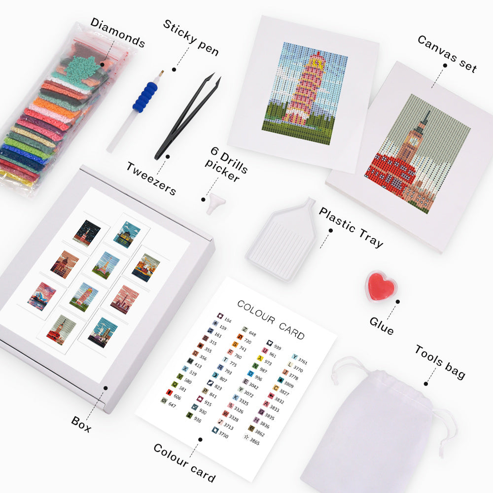 Full Wanderlust Towers kit with resin diamonds, soft canvas, color chart, pen, tray, glue, and packaging; perfect for gifting or travel lovers’ DIY therapy.