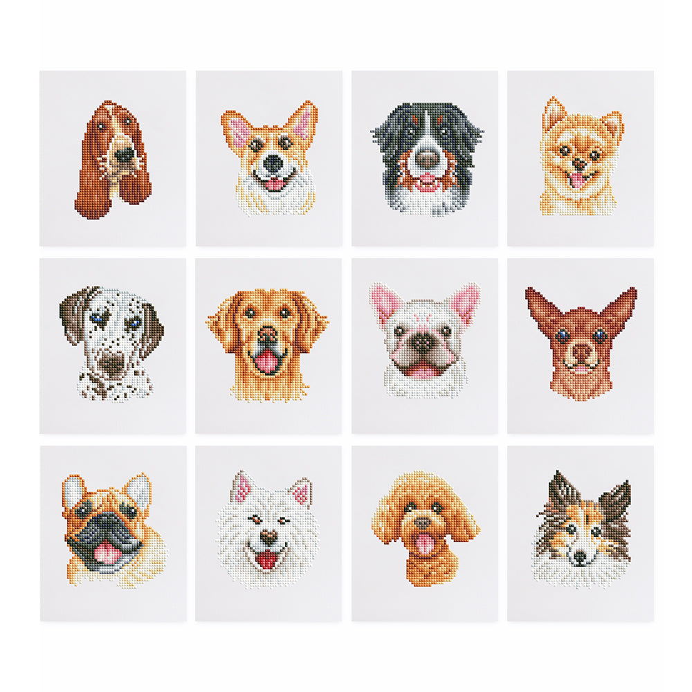 12 animal face diamond painting canvases, including dog and cat portraits in pixel style.