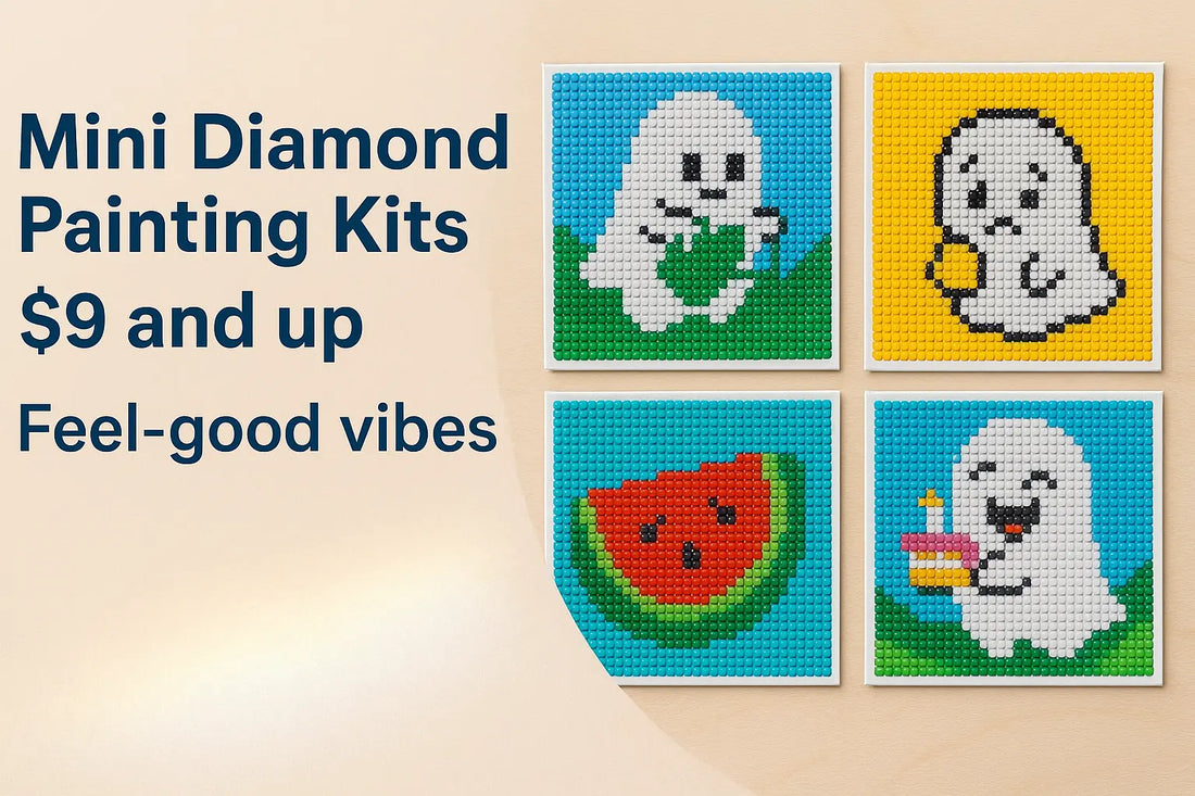 A photograph showcases a ghost-themed diamond painting kit with sparkling resin drills and Halloween-style decor, perfect for festive DIY fun.