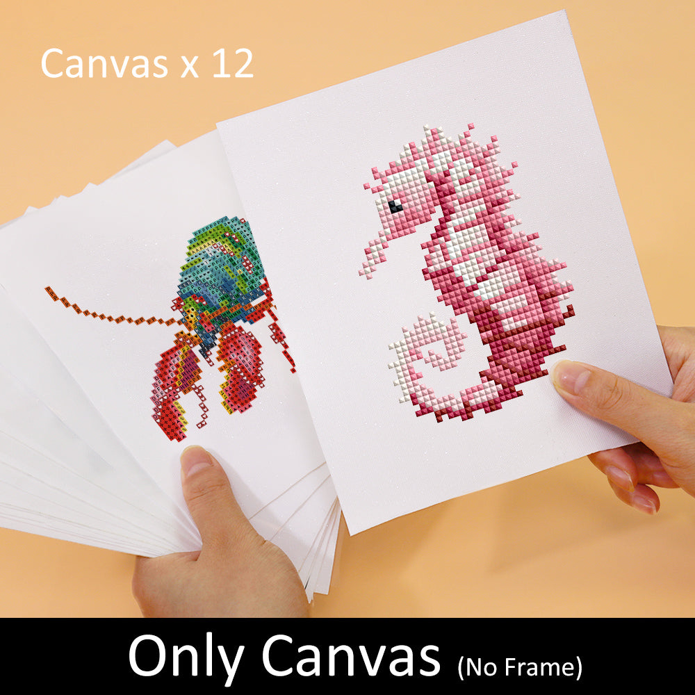 mini Ocean Collection features 12 canvases.Seahorse canvas from Ocean Whispers diamond art kit. Resin drills placed with precision. Perfect for mindful ocean-themed crafts.
