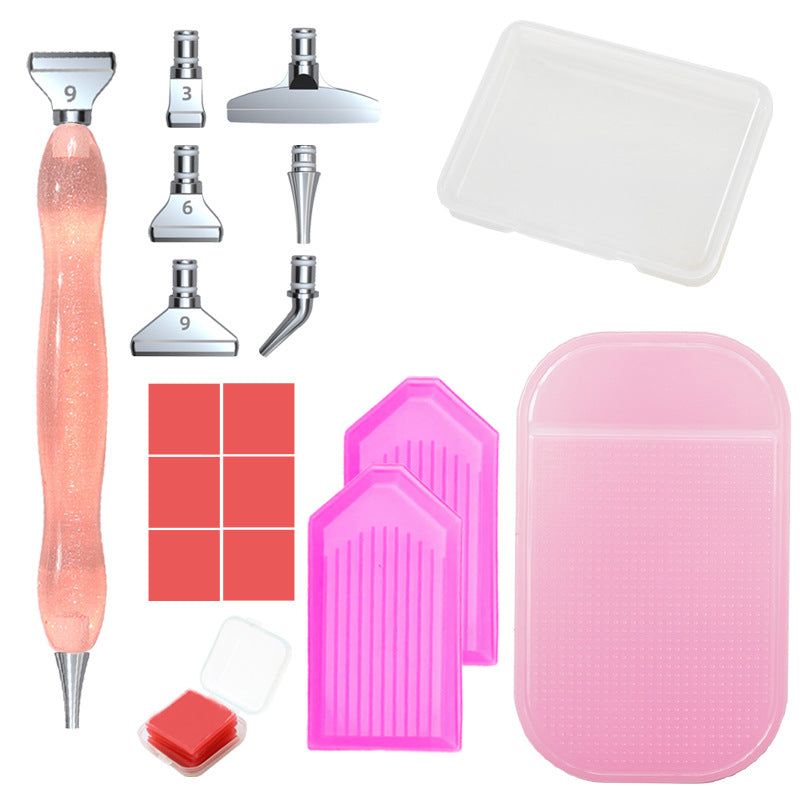 Diamond painting tool kit with pink resin pen, 6 metal tips, trays, wax & case – great for long DIY sessions and detailed artistic work.