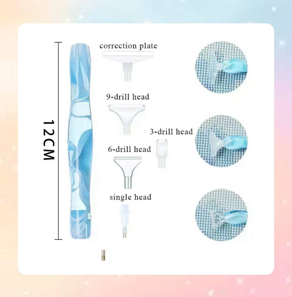 Diamond painting pens size and tip details shown for blue pen. Helps users understand grip size and functional tip options.
