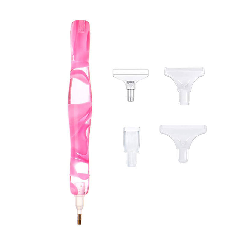 Diamond painting pens in pink with 4 plastic heads for various drill styles. Great for girls, crafters, and creative gift ideas.