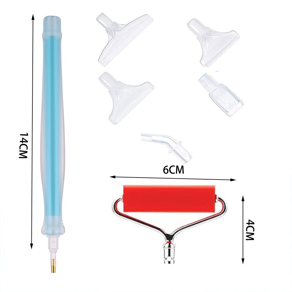 8-piece diamond painting pen kit with blue pen (14cm), red roller (6x4cm), and 6 interchangeable tips for precision DIY projects at home or on the go.