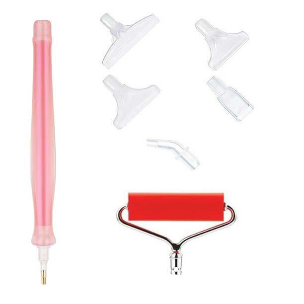 Diamond painting pens set with pink ergonomic resin pen, red roller, and 6 plastic tips. Ideal for beginners and pros to create flawless DIY diamond art.
