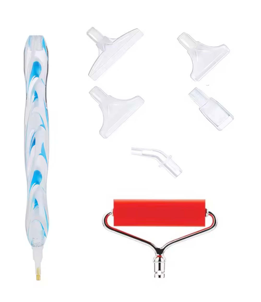 8-piece blue swirl diamond painting pen with 6 tips and roller. Ensures fast placement and smooth finish, ideal for all creative levels.