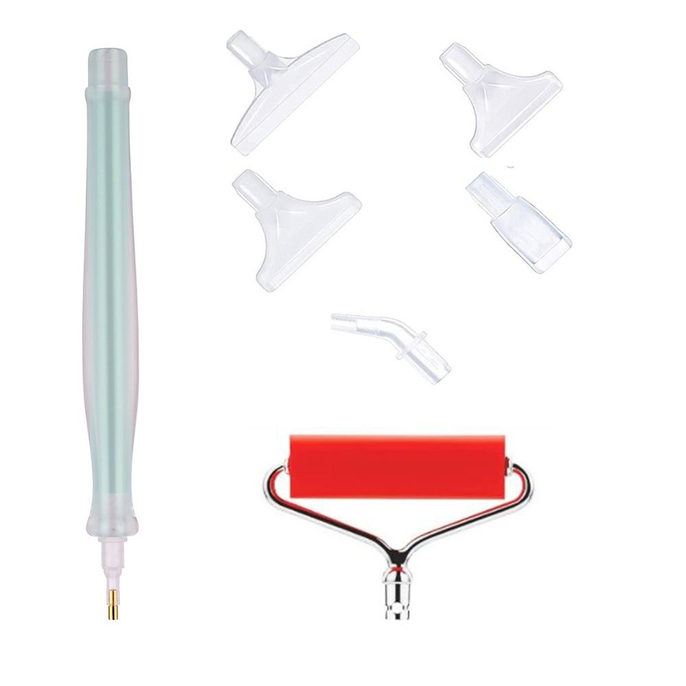 Diamond painting roller pen kit with mint green pen, red roller, and 6 tips. Great for relaxing craft sessions or travel-friendly art projects.