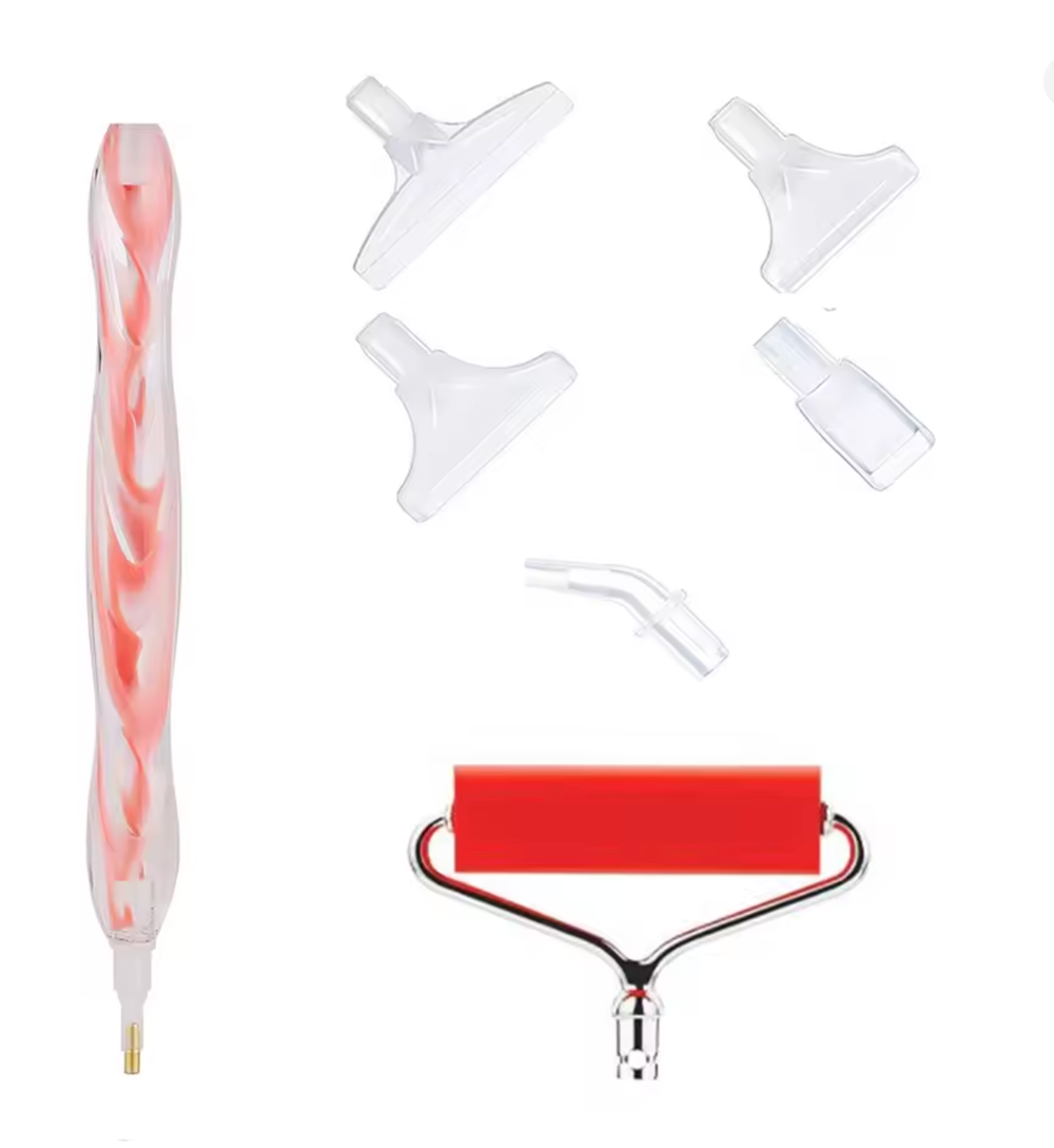Pink swirl diamond painting pen set with roller and 6 tips for precise placement and smooth finish. Great for DIY artists and gift makers.