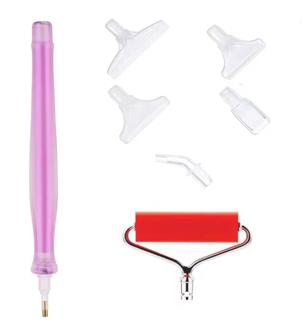 Purple diamond painting pen with roller and 6 interchangeable tips. Lightweight and perfect for artists seeking control and clean finishes.