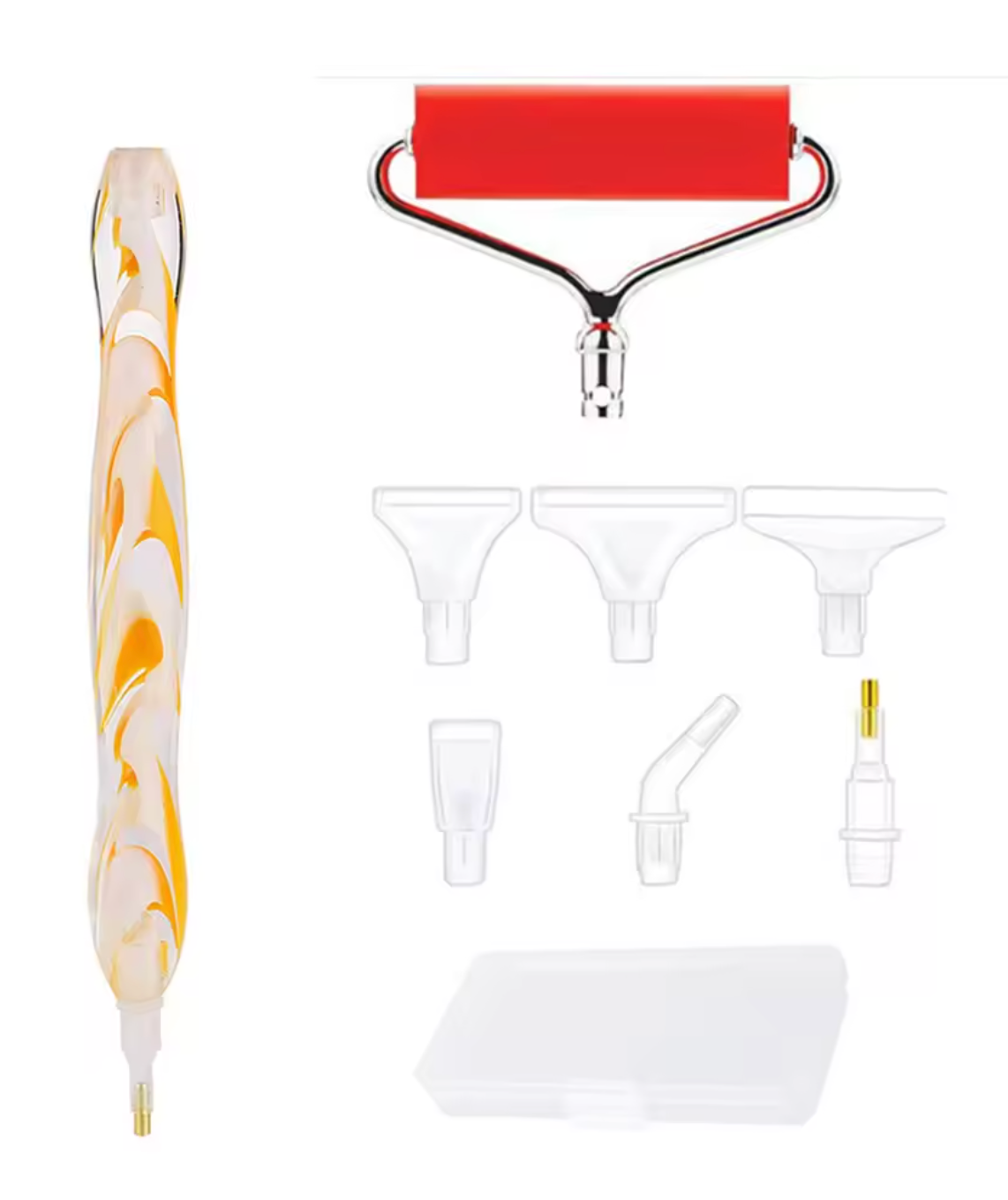 8-piece diamond painting pen kit with yellow pen, red roller, 6 plastic tips, and tray. Ideal for detail work and smoothing diamonds tool for all levels.
