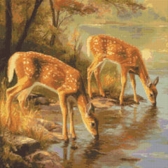 A close-up of the finished Tranquil Forest Friends Diamond Painting Set, showcasing the shimmering diamond drills that bring the serene deer and water reflection to life. This therapeutic craft offers stress relief and is ideal for creating unique, handcrafted wall art.