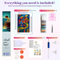 DIY kit for Abstract Mountain Village diamond art, includes canvas, resin drills, and tools, designed for creative beginners or experienced crafters seeking vibrant abstract home décor.