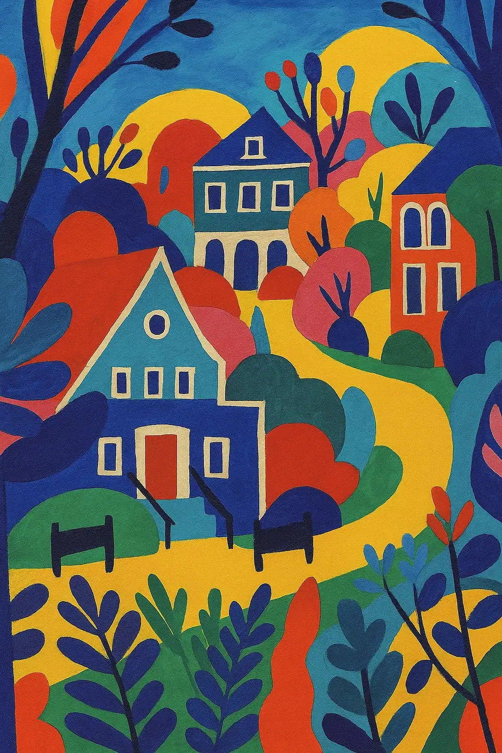Close-up of Abstract Mountain Village diamond painting, with whimsical houses and bold colors, part of Creative Nature series, perfect for art lovers, beginners, and home décor.