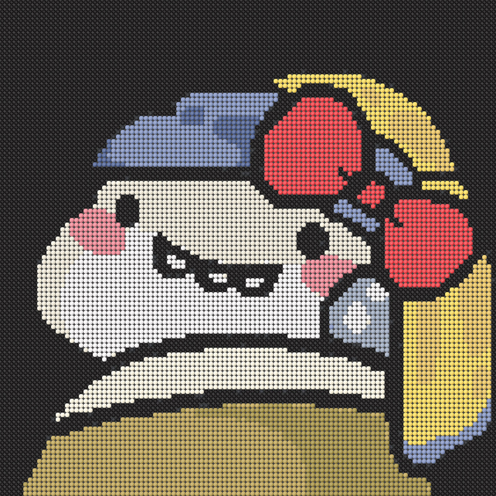 Pixel preview of small funny diamond painting kit featuring a cartoon monster with a bow, full round drill pattern.perfect for whimsical home or office decor.