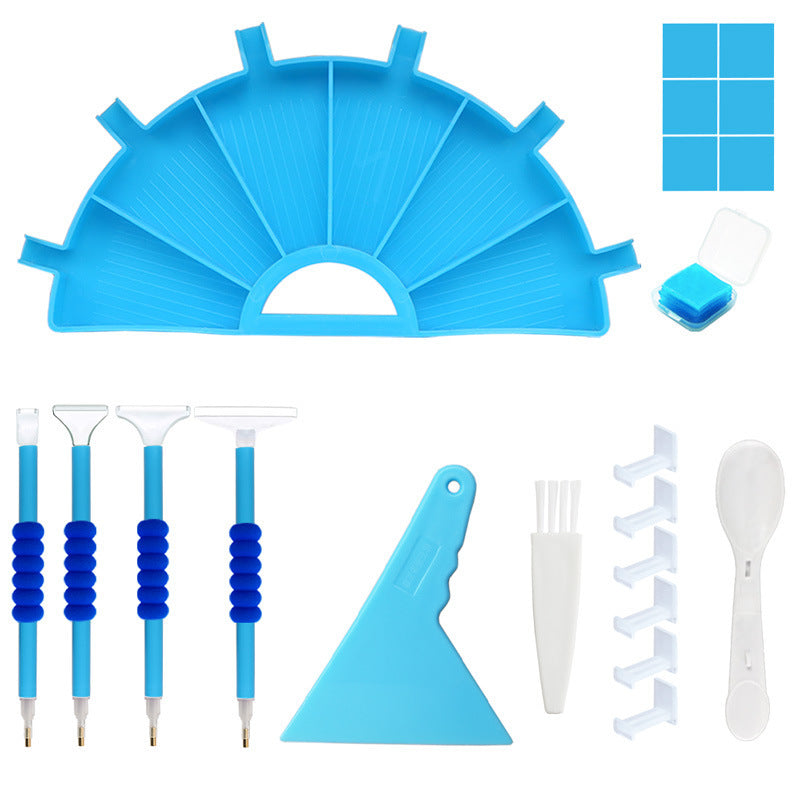 Blue diamond painting tray kit including 6-slot tray with covers, 4 diamond pens, multi-placer tips, spoon, brush, wax blocks, and finger grips. Keeps drills sorted, ensures faster work on canvas, easy to carry, and ideal for beginners or pro diamond art lovers.