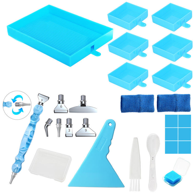 Blue diamond painting organizer kit with trays, ergonomic pen, brush, and corrector – great for efficient DIY diamond art.