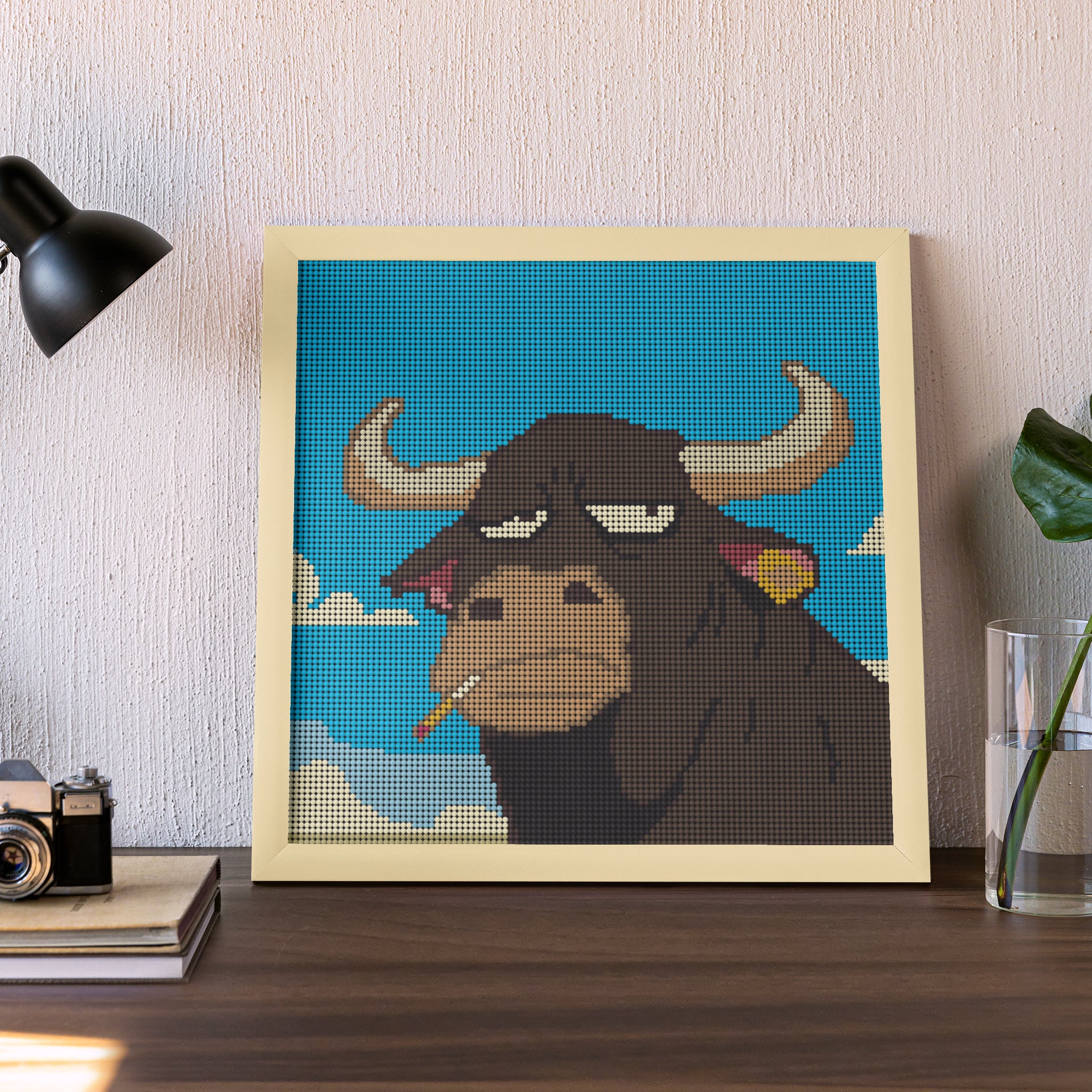 30*30cm  small Funny bored bull diamond painting framed on desk, perfect for sarcastic home decor or workspace.easy for beginner