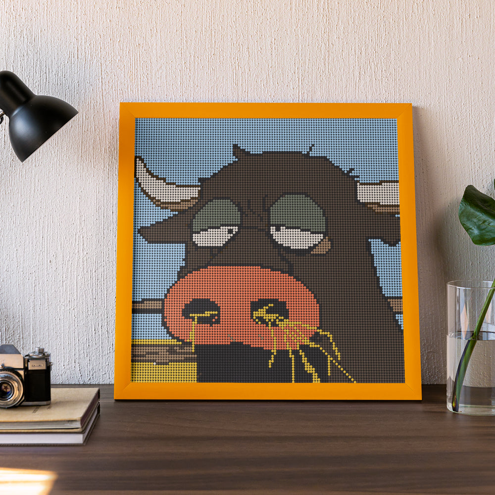 this Small funny diamond art kit is 30x30cm, round drill diamond painting of a bored cow on desk; beginner-friendly funny art kit for relaxed home decor; Small Funny series.