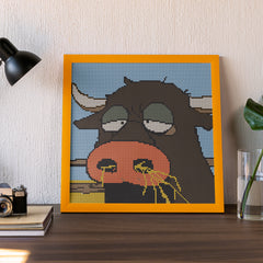 this Small funny diamond art kit is 30x30cm, round drill diamond painting of a bored cow on desk; beginner-friendly funny art kit for relaxed home decor; Small Funny series.
