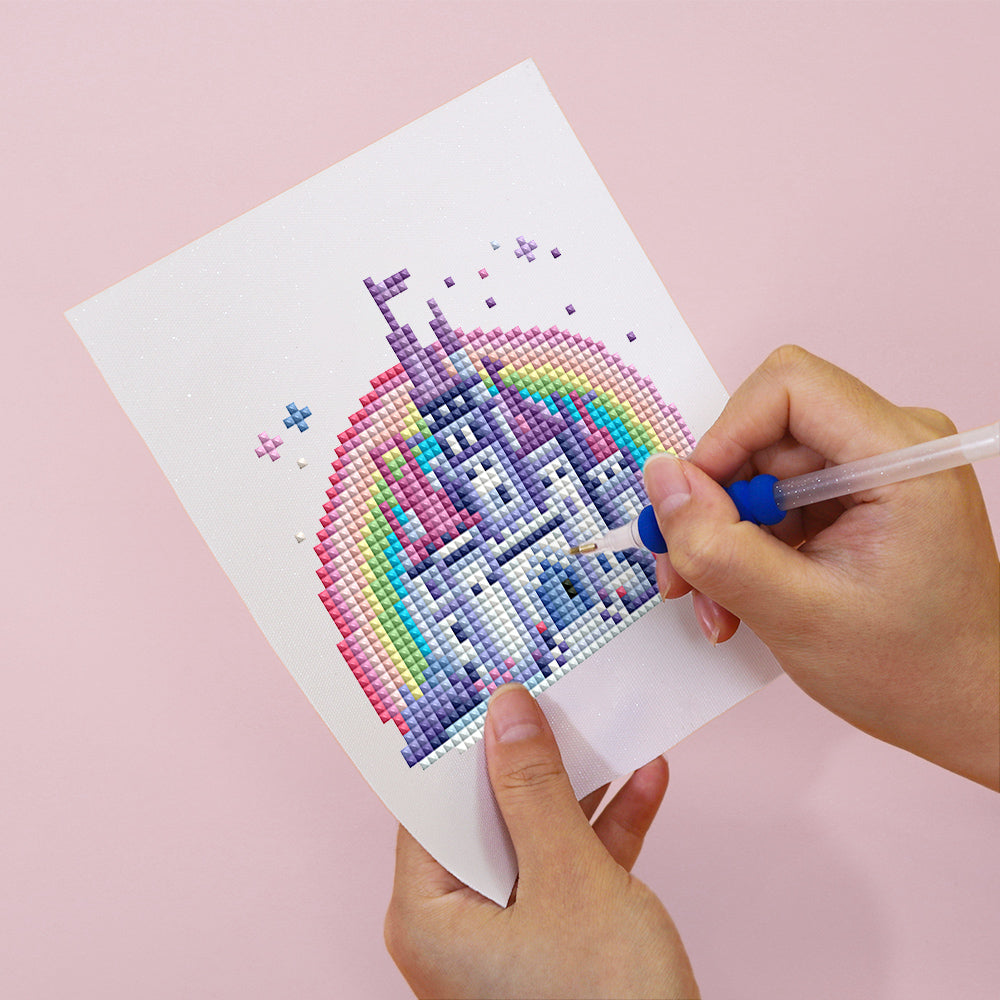 Close-up of a Castle diamond painting from unicorn mini kit, featuring resin drills and soft canvas. Easy DIY kit great for kids and stress relief.