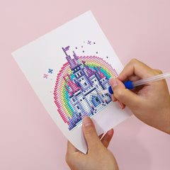Close-up of a Castle diamond painting from unicorn mini kit, featuring resin drills and soft canvas. Easy DIY kit great for kids and stress relief.