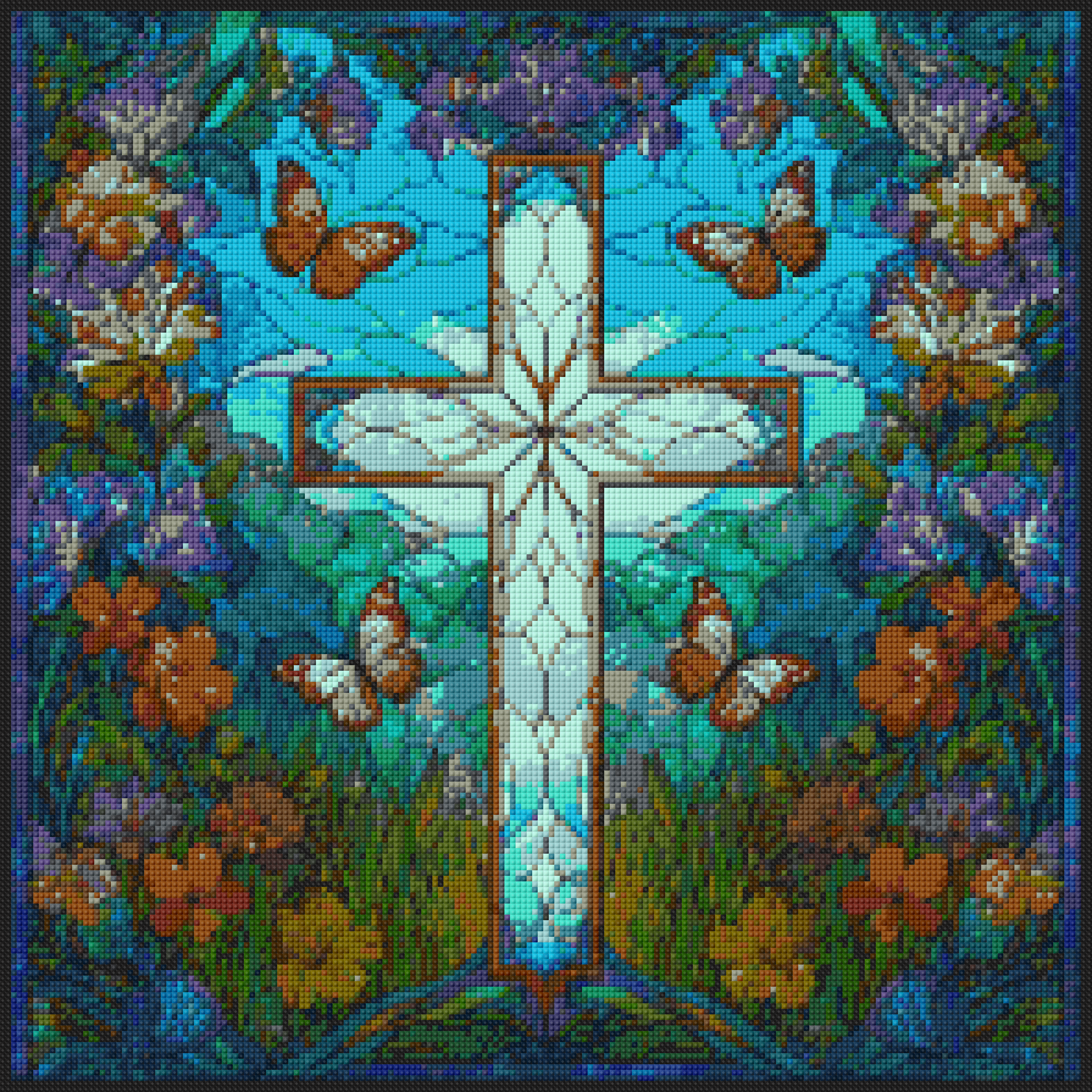 Preview of “Celebration Of Life” diamond art kit showing a luminous cross with butterflies and florals on a blue-green stained-glass background. 50x50cm square canvas.