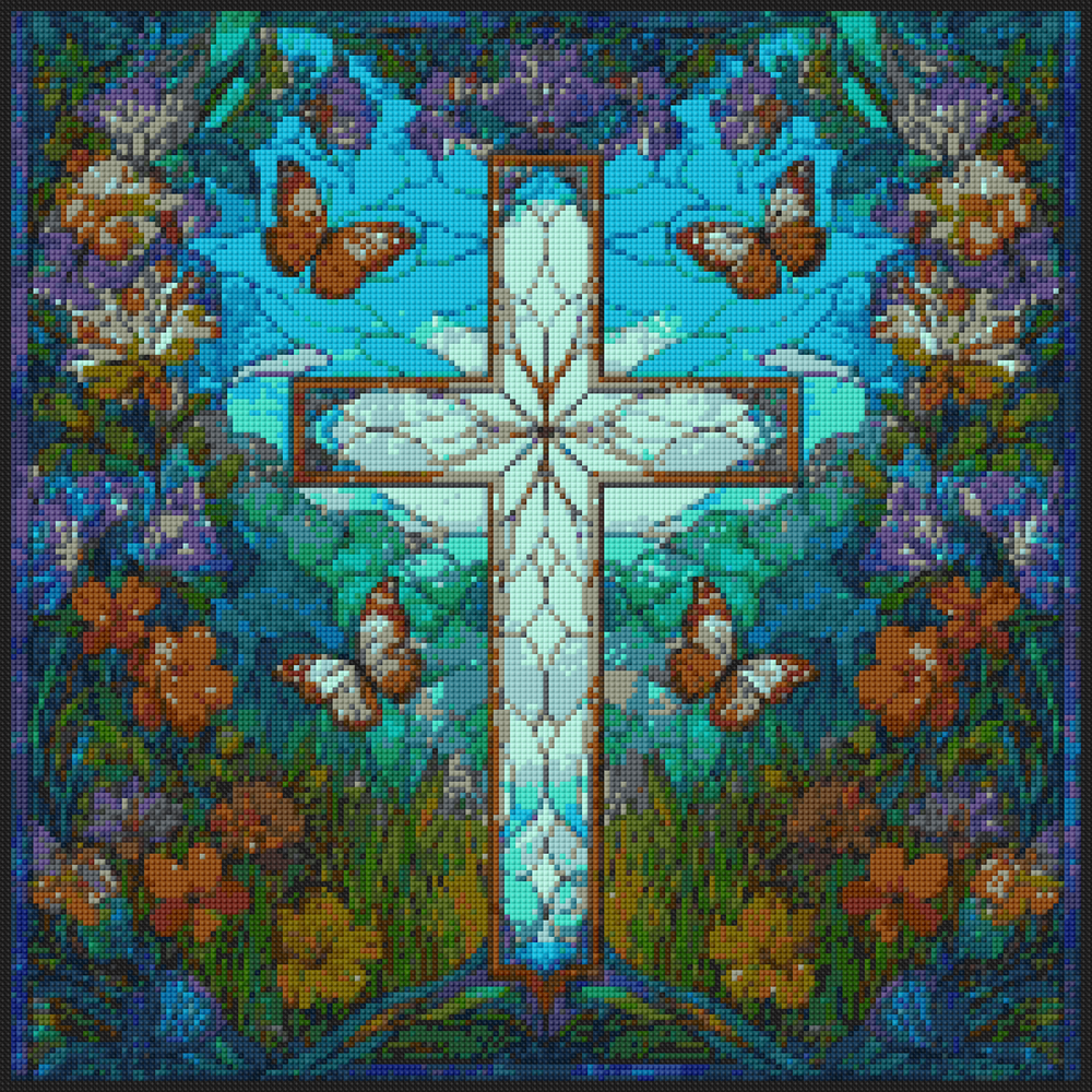 Preview of “Celebration Of Life” diamond art kit showing a luminous cross with butterflies and florals on a blue-green stained-glass background. 50x50cm square canvas.
