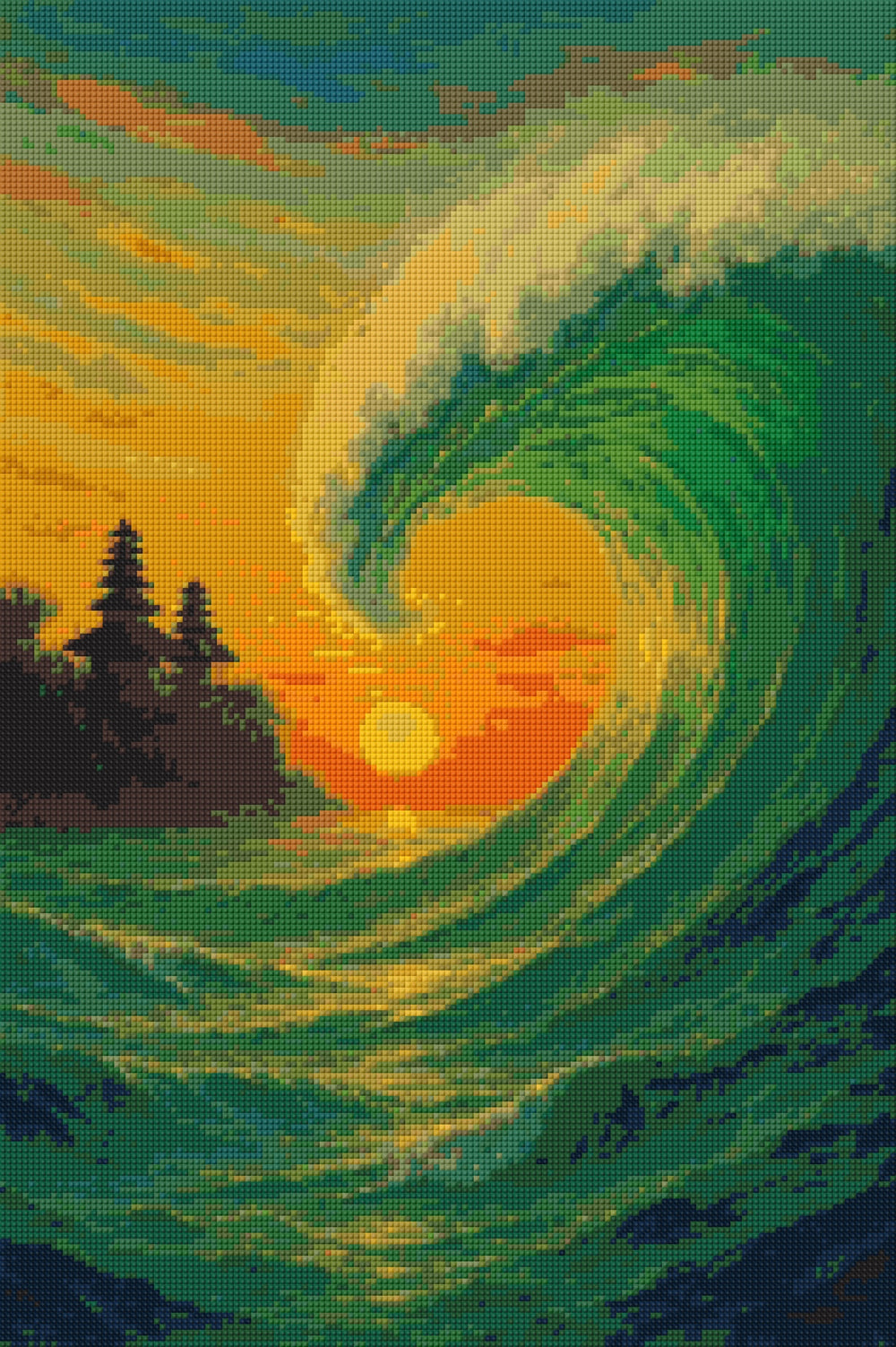 Close-up view of a finished diamond painting, showing the vibrant, sparkling diamond drills on the canvas.