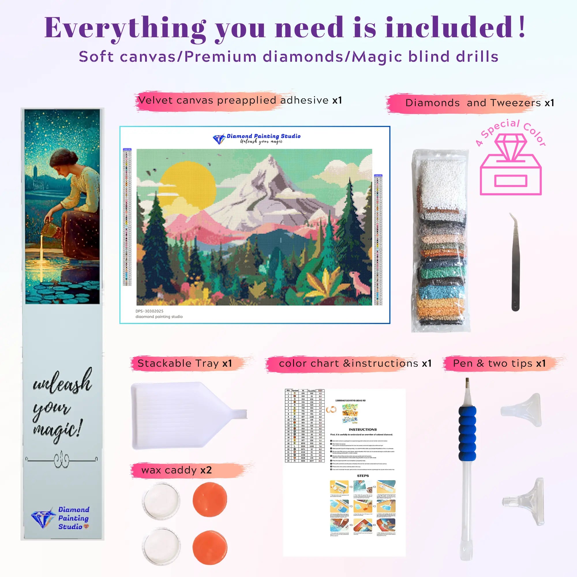 Complete accessory set of the Sunrise Mountain Forest Flower diamond painting kit from the Nature Series and Large Canvas Collection. This kit includes soft canvas, premium resin drills, applicator pens, wax, and trays, providing everything needed for a successful DIY experience. 