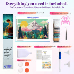 Complete accessory set of the Sunrise Mountain Forest Flower diamond painting kit from the Nature Series and Large Canvas Collection. This kit includes soft canvas, premium resin drills, applicator pens, wax, and trays, providing everything needed for a successful DIY experience. 