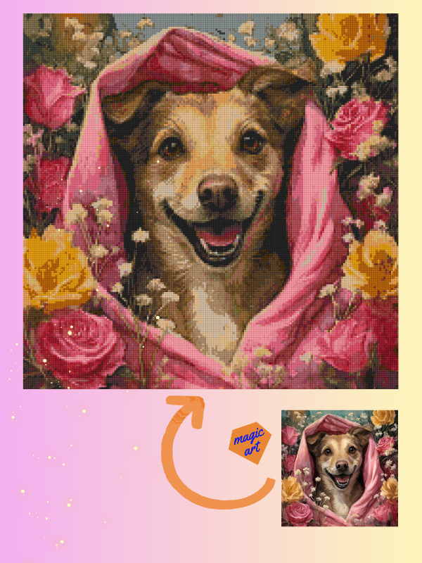 This is a comparison of the original and finished custom diamond painting. The diamond painting perfectly reproduces the photo the client sent: a dog wearing a red scarf, smiling happily amidst roses. The diamond painting's three-dimensional effect is distinct, and the gem art kits appear sparkling. With Diamond Painting Studio's expert design, you can create diamond paintings. You can use photos of pets, kids, and special moments. These make great gifts and keepsakes