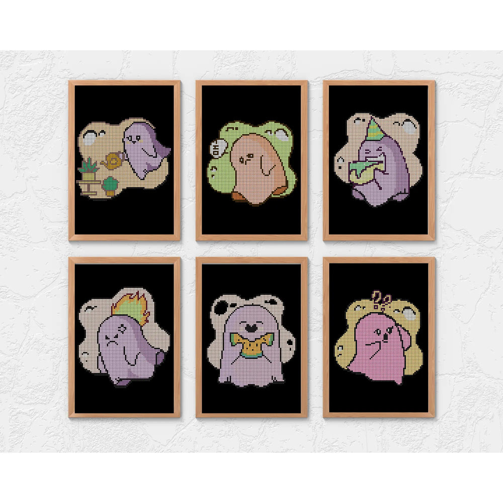 Set of mini small cute ghost diamond paintings in pastel pink and beige tones, each 20x30cm with 3,229 round drills in 5 colors including one AB drill. Great for 2-hour mindful craft, family bonding, or creative breaks.