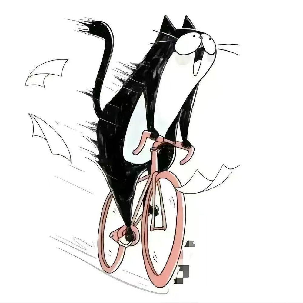 Small diamond painting of a cycling cat in a cartoon style, perfect as funny desktop decor or quirky friend gift.