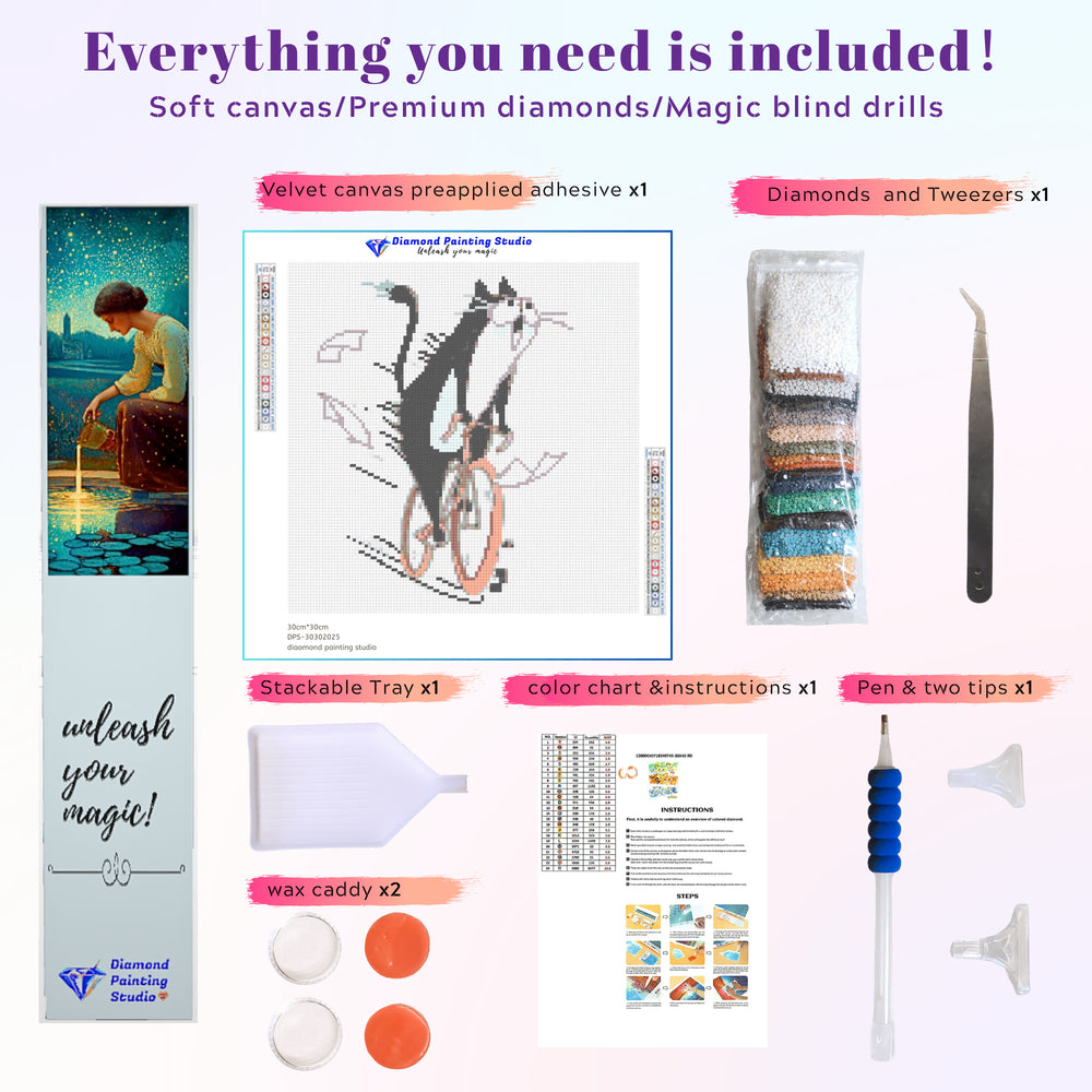 Funny diamond art of a black cartoon cat cycling, great small DIY decor for office or gift idea.