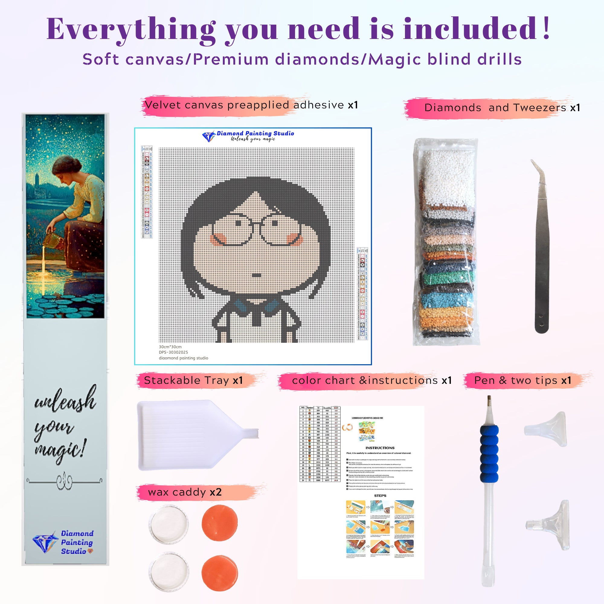 Diamond painting set featuring a daydreaming girl, includes tools for an easy and funny craft project.