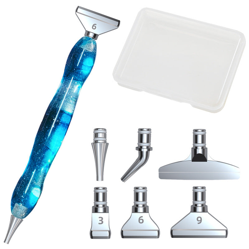 Diamond painting pen set with purple-blue ergonomic pen and 6 tip options – great for long DIY sessions and advanced crafters.