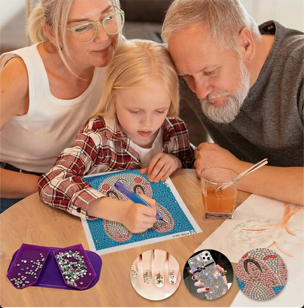 Family using diamond painting tool kits together – great for creative bonding, teaching kids focus, and enjoying DIY time together.
