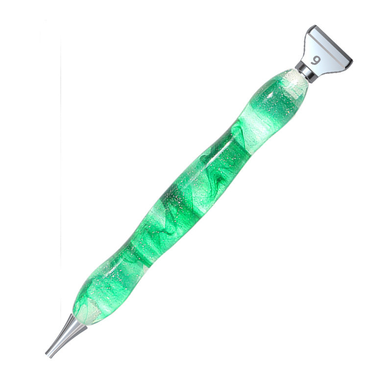 Green glitter resin diamond painting pen with ergonomic grip and dual tips, ideal for both beginners and experienced crafters.