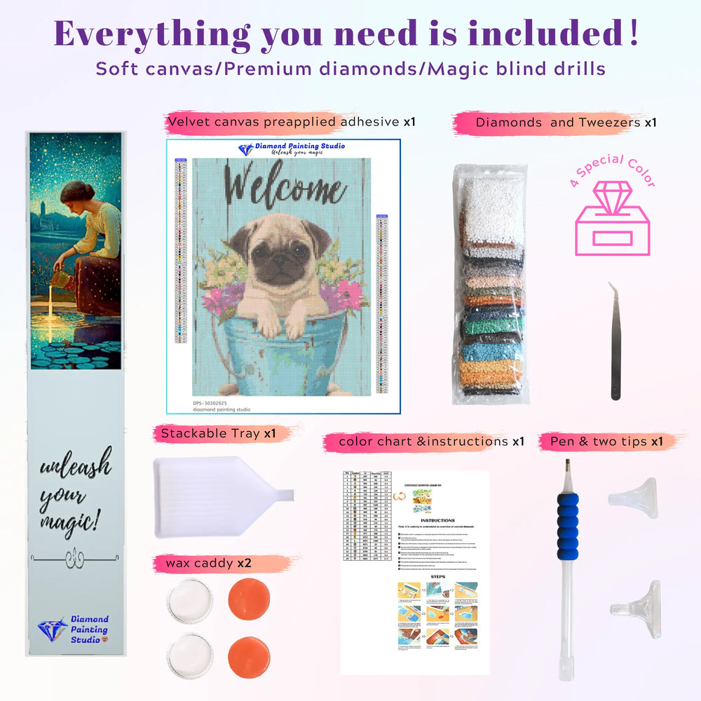 Complete diamond painting kit with pug canvas, color-coded resin drills, applicator pen, wax, tray, and instructions – perfect for beginners and dog lovers.