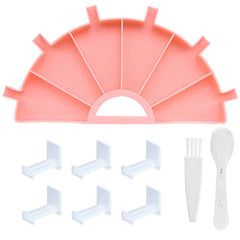 Lightweight diamond painting tray organizer kit with pink multi-slot drill tray, 6 white holders, 1 spoon, and 1 brush. Easy to carry, beginner-friendly yet perfect for professional diamond painters.