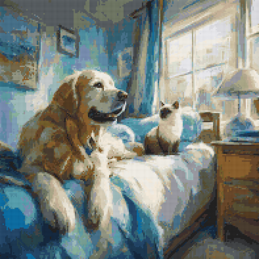 Preview of 50x50cm square diamond painting featuring cozy dog and cat duo on bed. Perfect for relaxing DIY pet-themed wall art.